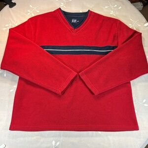 Vintage GAP Men's V-Neck Sweater in Red with Navy Stripe XL Size Fleece